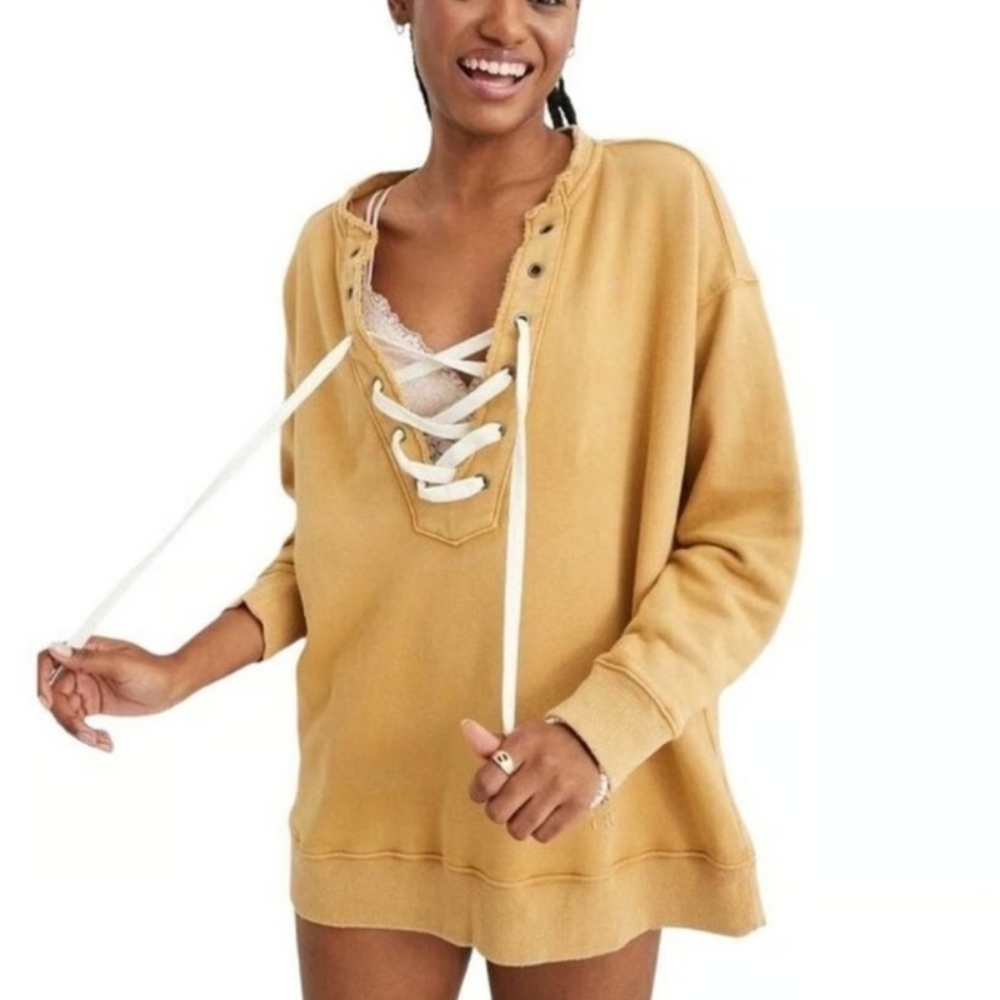 AERIE Marigold Mustard Lace Up Long Sleeve Pull Over Sweatshirt Women's Size M